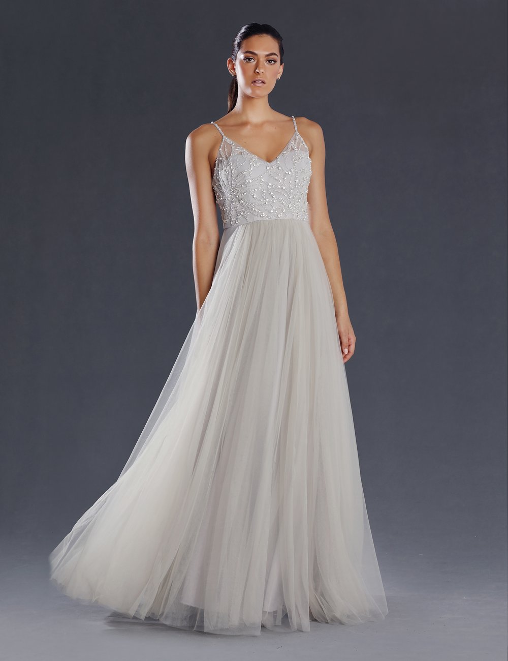 Jadore JX082, Tulle and beaded silver gown
